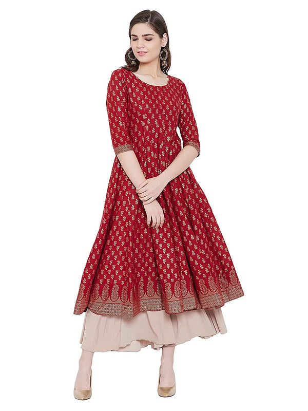 Women's Red Embellished Daily Wear Cotton Blend Kurta - Cheera