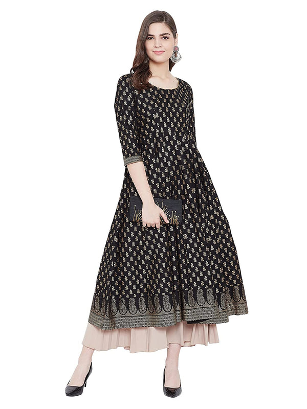 Women's Black Embellished Daily Wear Cotton Blend Kurta - Cheera