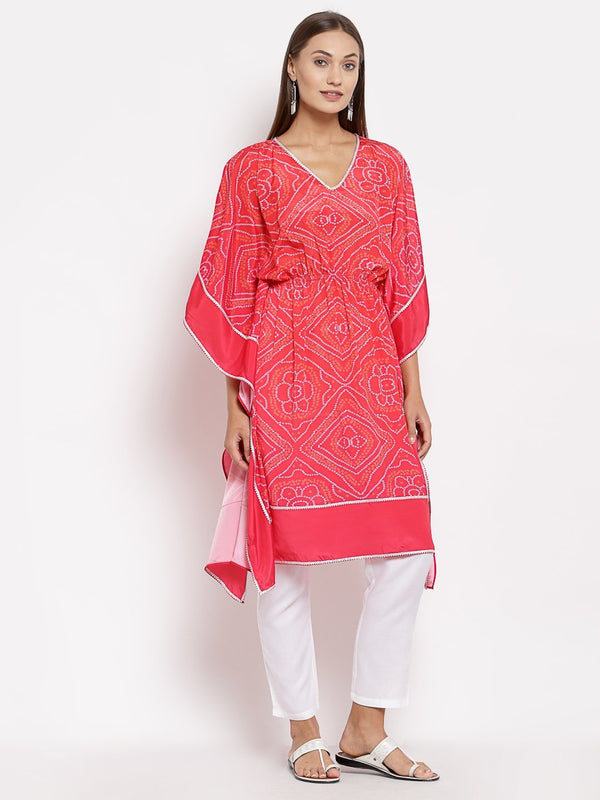 Women's Pink Cotton Printed 3/4 Sleeve V Neck Casual Kaftan - Myshka