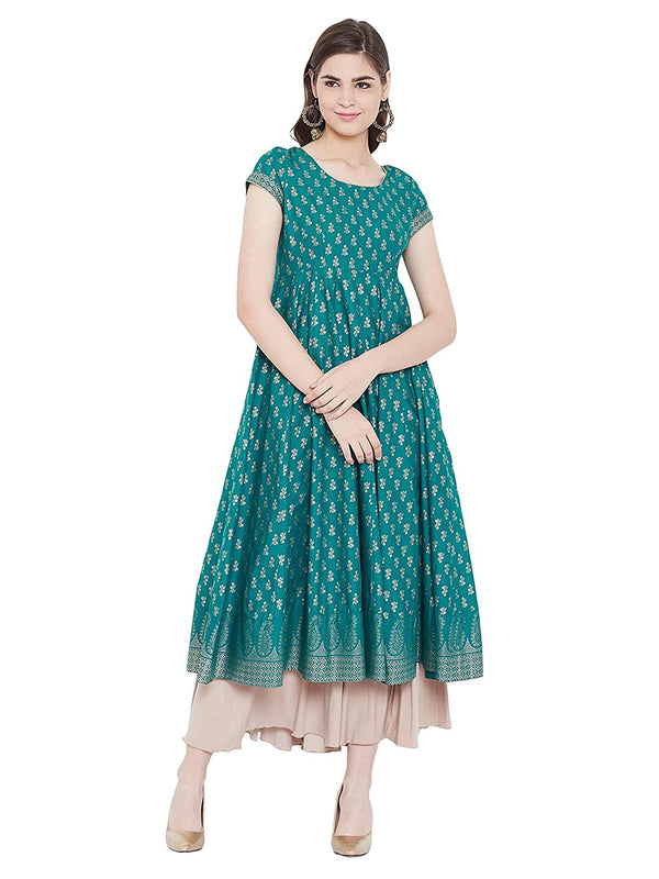 Women's Turquoise Green Embellished Daily Wear Cotton Blend Kurta - Cheera