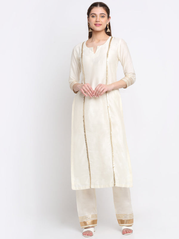 Women's Tyohaar Ivory Straight Kurti With Pants - Anokherang