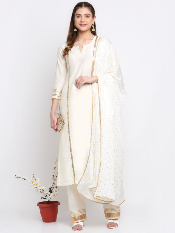 Women's Tyohaar Ivory Straight Kurti With Straight Pants And Dupatta - Anokherang