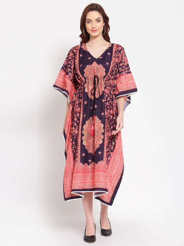 Women's Multi Printed Cotton 3/4 Sleeve V Neck Casual Kaftan Dress - Myshka