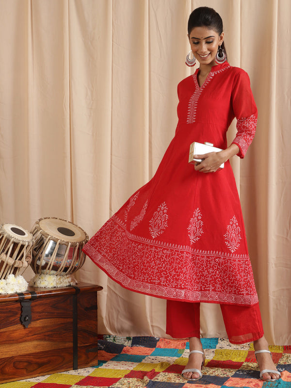 Women's Red Block Print Anarkali - Aks