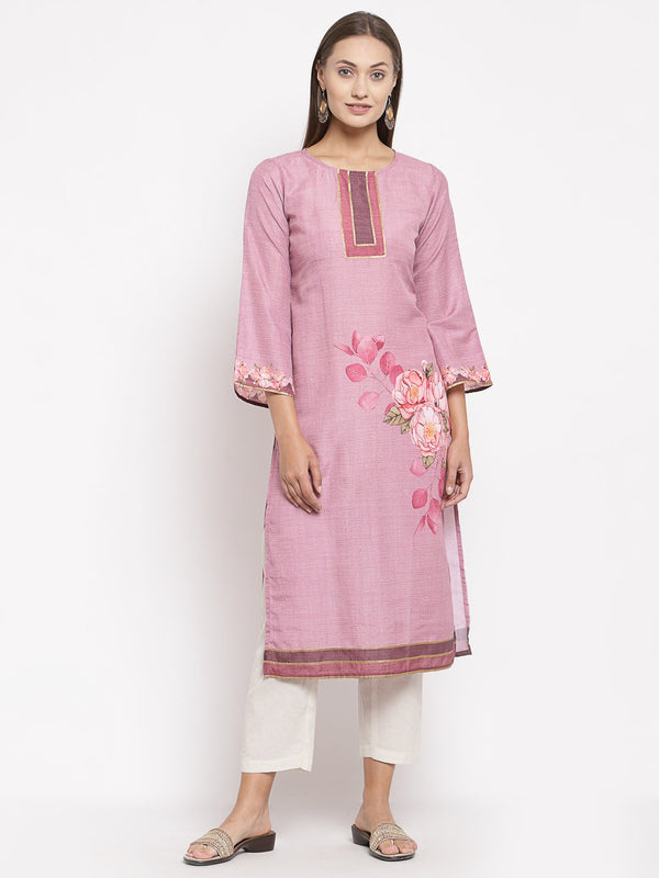 Women's Pink Cotton Printed Full Sleeve Round Neck Casual Kurta - Myshka