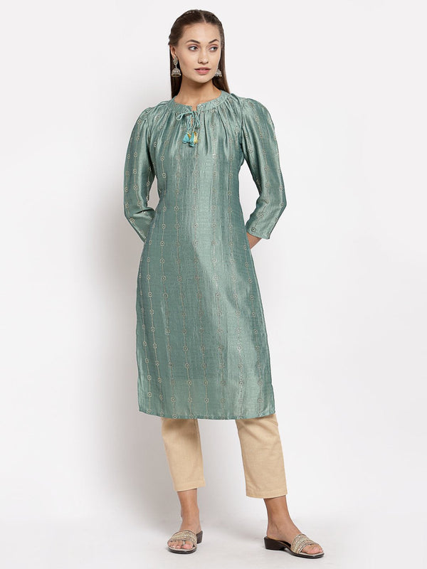 Women's Green Silk Solid Full Sleeve Round Neck Casual Kurta - Myshka