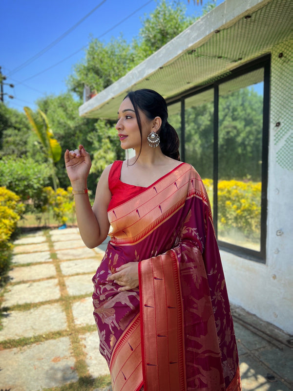 Women's Magenta Wine Gauri Paithani Silk Pichwai Woven Saree  - TASARIKA