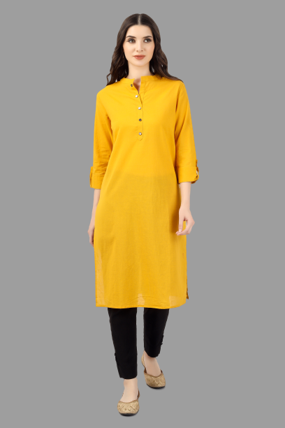 Women's Yellow Solid Cotton Straight Kurta - House Of Rp