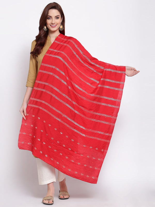 Women's Red Cotton Silk Printed Casual Dupatta - Myshka