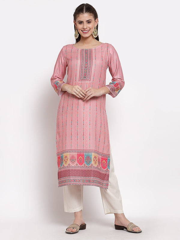 Women's Multi Cotton Printed 3/4 Sleeve Round Neck Casual Kurta - Myshka