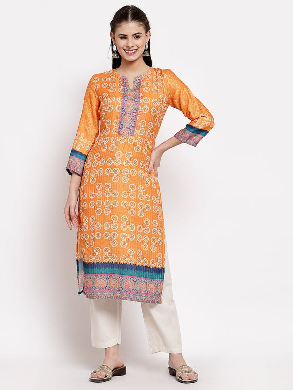 Women's Multi Cotton Printed 3/4 Sleeve Round Neck Casual Kurta - Myshka