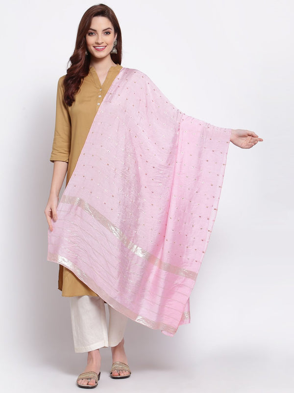 Women's Pink Cotton Silk Printed Casual Dupatta - Myshka