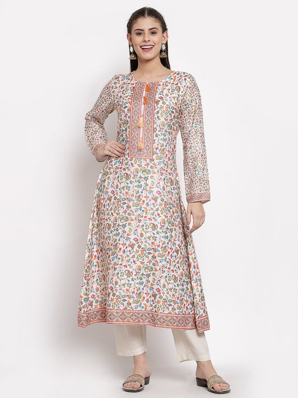 Women's Multi Cotton Printed Full Sleeve Round Neck Casual Kurta - Myshka