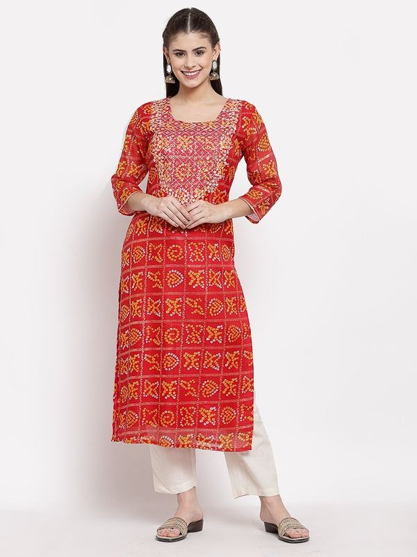 Women's Red Cotton Printed 3/4 Sleeve Square Neck Casual Kurta - Myshka