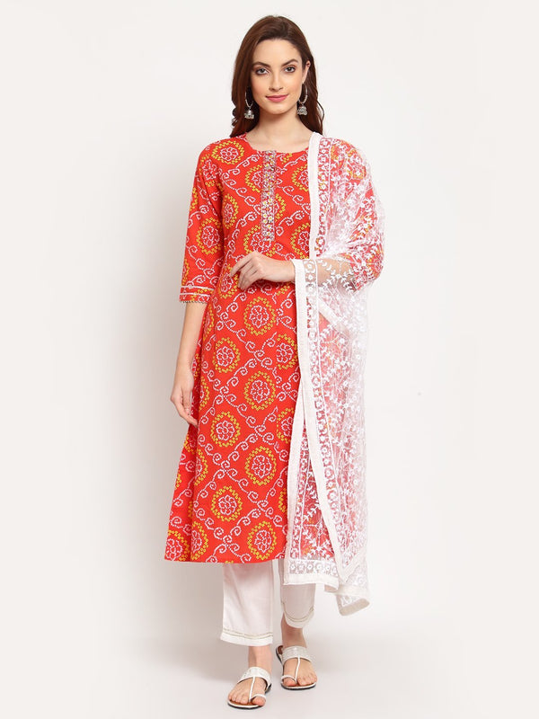 Women's Orange Printed Cotton 3/4 Sleeve Round Neck Casual Kurta Pant Dupatta Set - Myshka