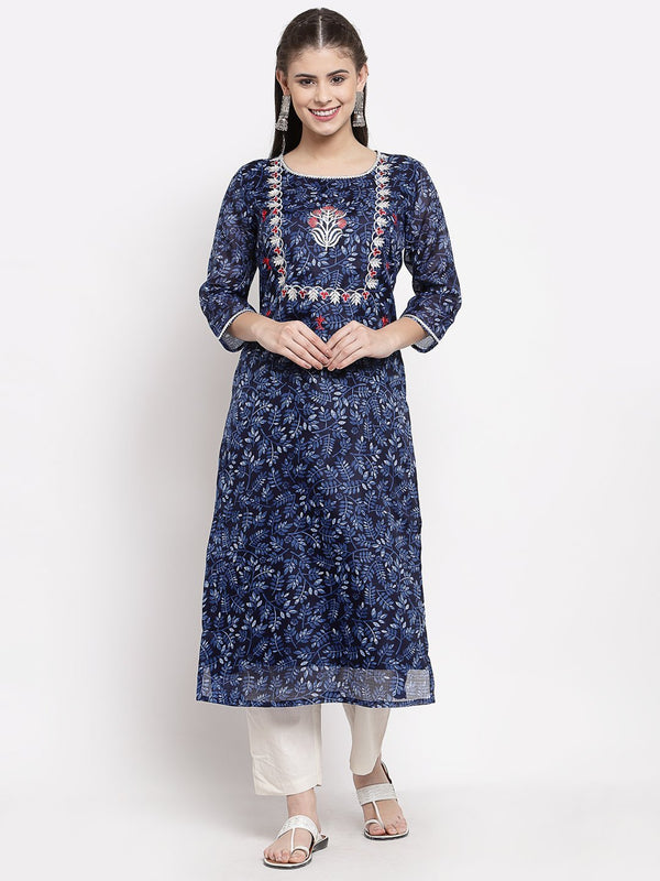 Women's Blue Cotton Printed 3/4 Sleeve Square Neck Casual Kurta - Myshka