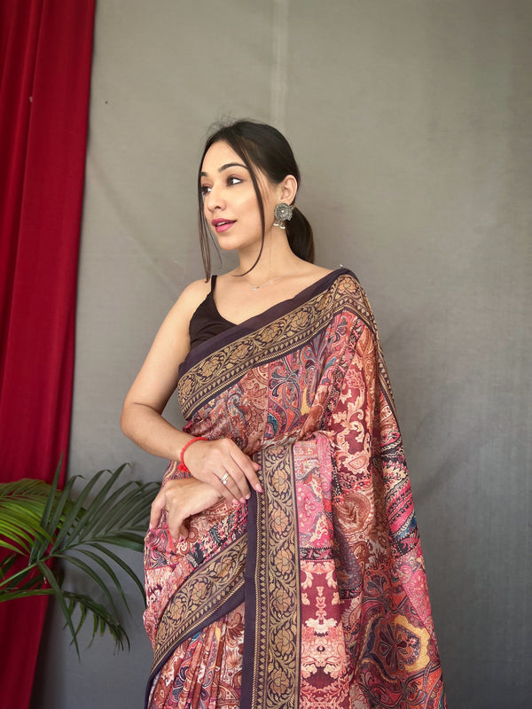 Women's Pink Brown Ajrakh Carpet Silk Cotton Printed Saree  - TASARIKA