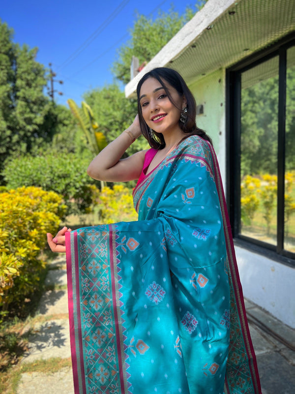 Women's Water Blue Rangeen Ikat Patola Silk Woven Saree - TASARIKA