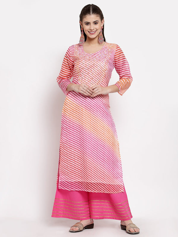 Women's Multi Cotton Printed 3/4 Sleeve Round Neck Casual Kurta - Myshka