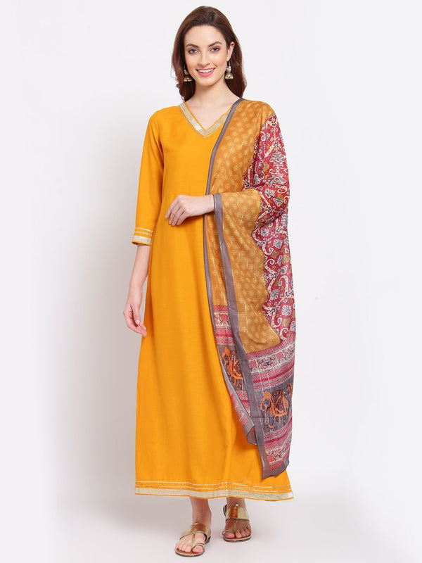 Women's Yellow Printed Silk Blend 3/4 Sleeve V Neck Casual Kurta Dupatta Set - Myshka