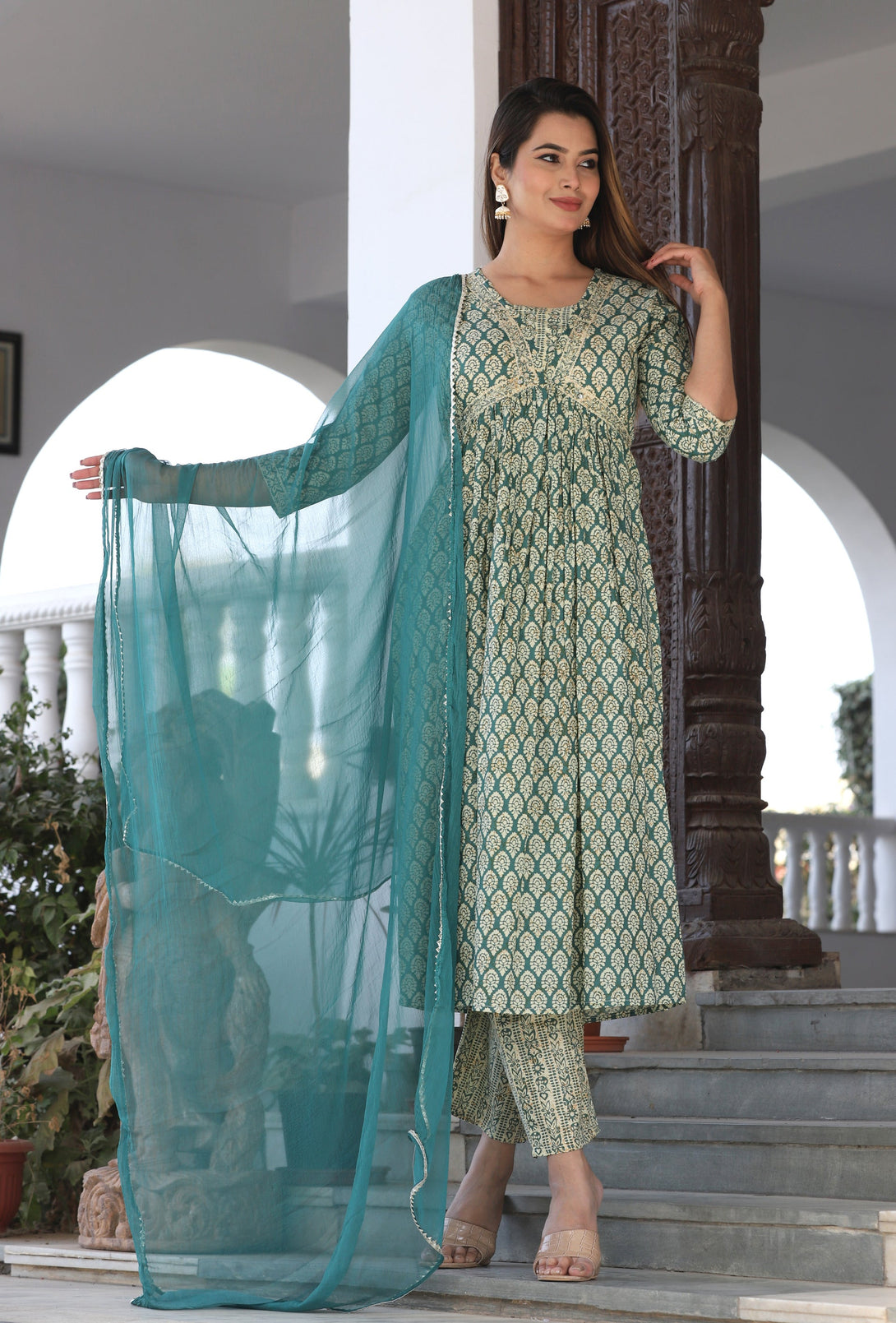 Women's Anrakali Cotton Printed Embroidered Kurta With Pant And Dupatta - Singni