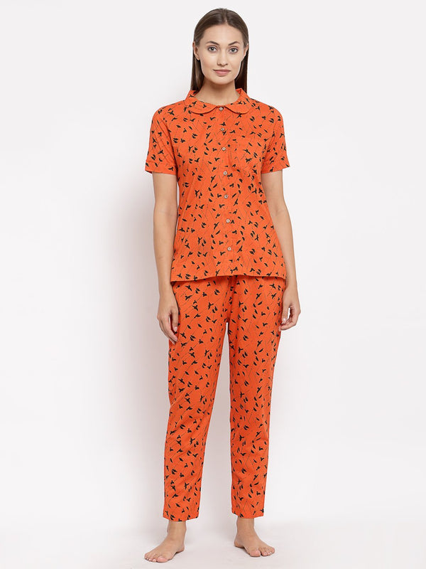 Women Orange Cotton Printed Night suit by Myshka (2 Pc Set)