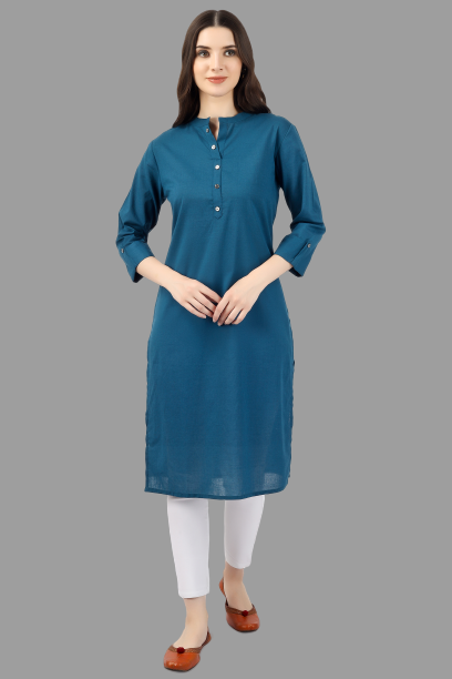 Women's Light Blue Solid Cotton Straight Kurta - House Of Rp