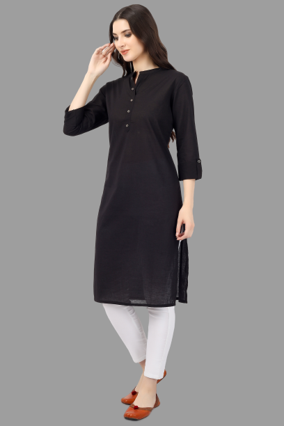 Women's Black Solid Cotton Straight Kurta - House Of Rp