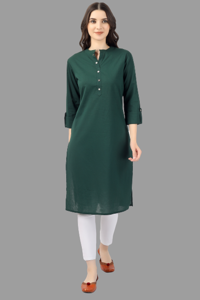 Women's Green Solid Cotton Straight Kurta - House Of Rp