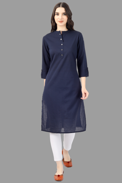 Women's Blue Solid Cotton Straight Kurta - House Of Rp