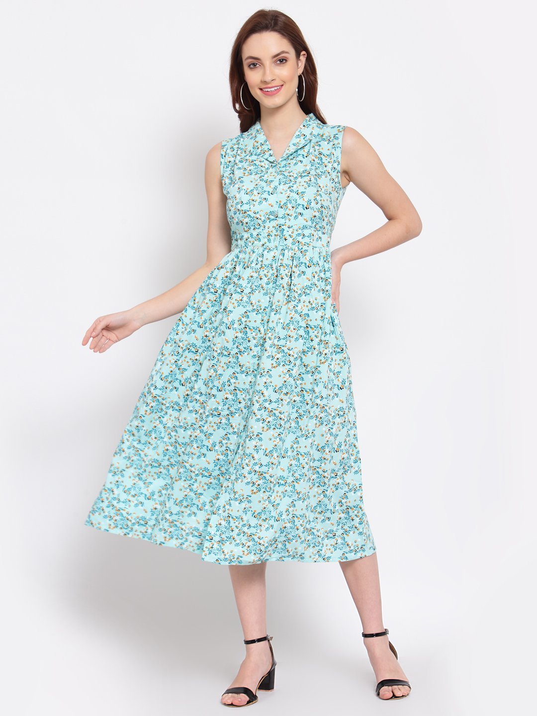 Women's Printed Rayon Sleeveless Collar Neck Casual Dress - Myshka