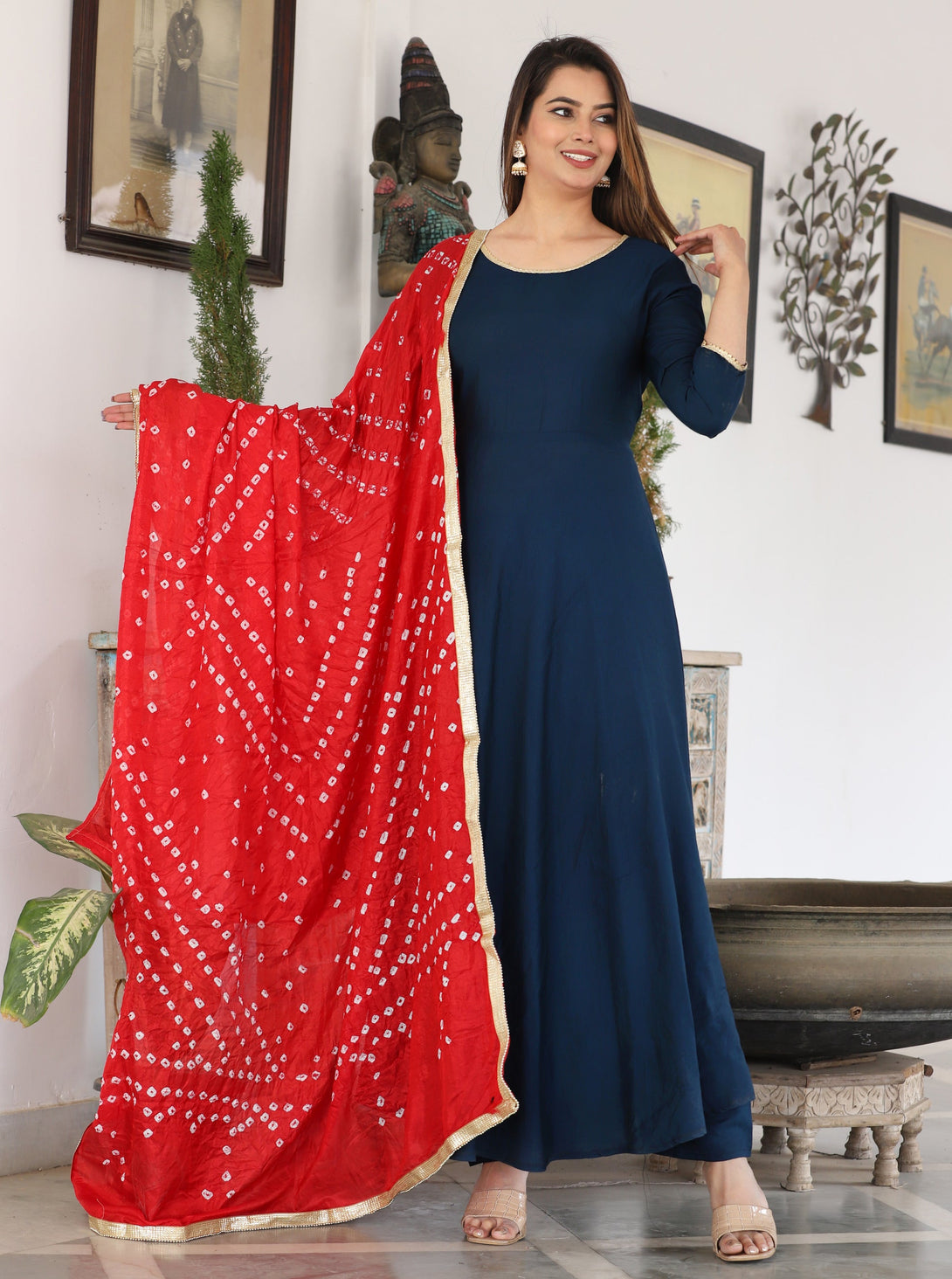 Women's Anarkali Rayon Kurta With Pants And Bhandej Dupatta  - Singni