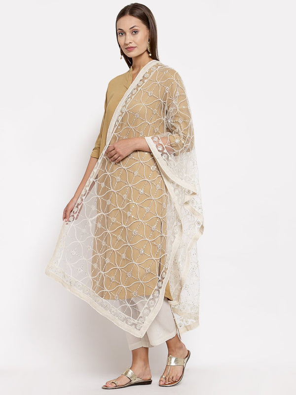 Women's White Net Solid Casual Dupatta - Myshka