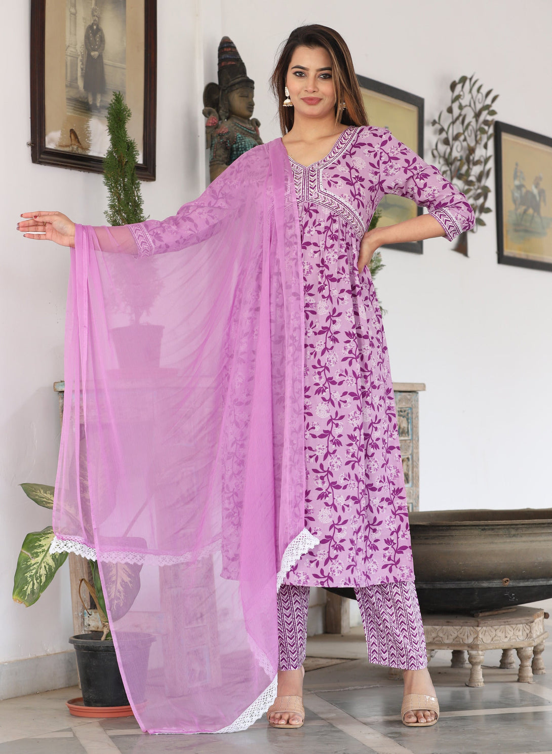 Women's Anrakali Rayon Printed Embroidered Kurta With Pant And Dupatta - Singni