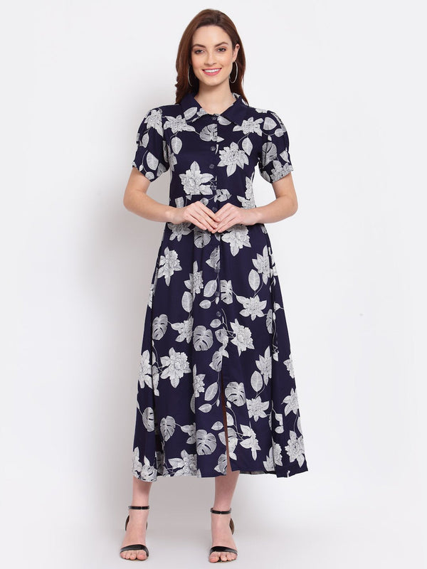 Women's Navy Blue Printed Cotton Short Sleeve Collar Neck Casual Dress - Myshka