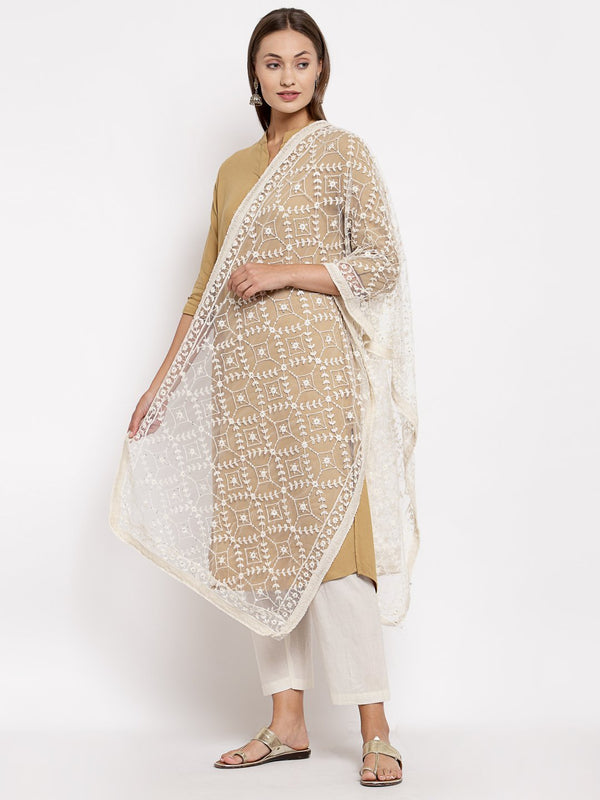 Women's White Net Solid Casual Dupatta - Myshka