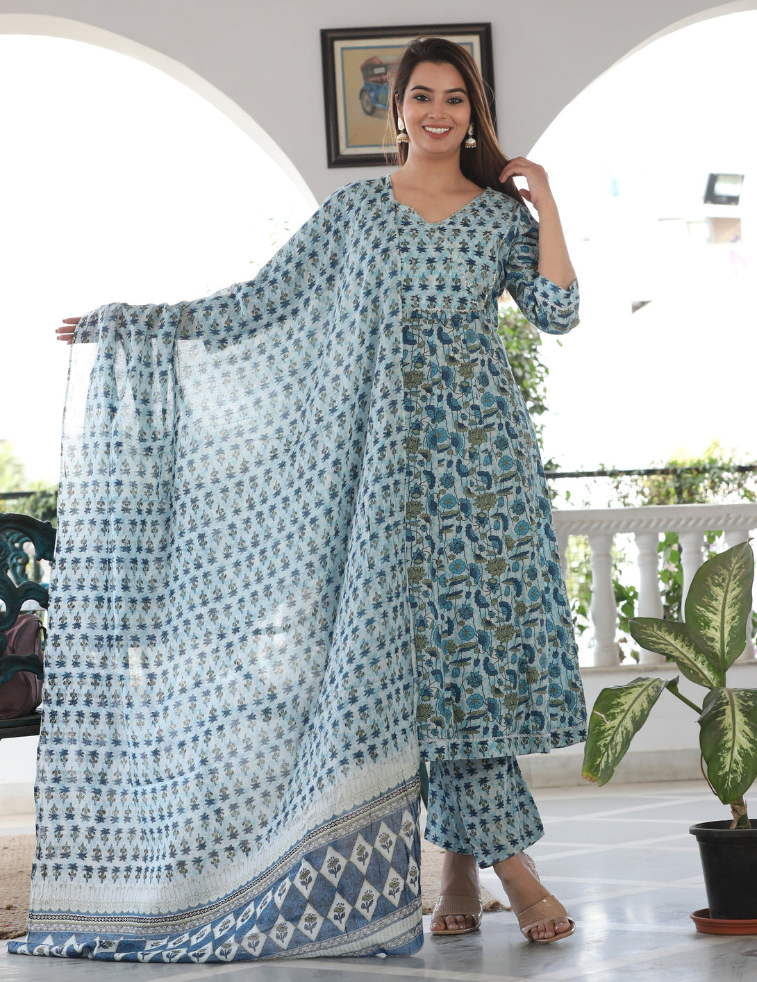 Women's Anrakali Cotton Printed Embroidered Kurta With Pant And Dupatta - Singni