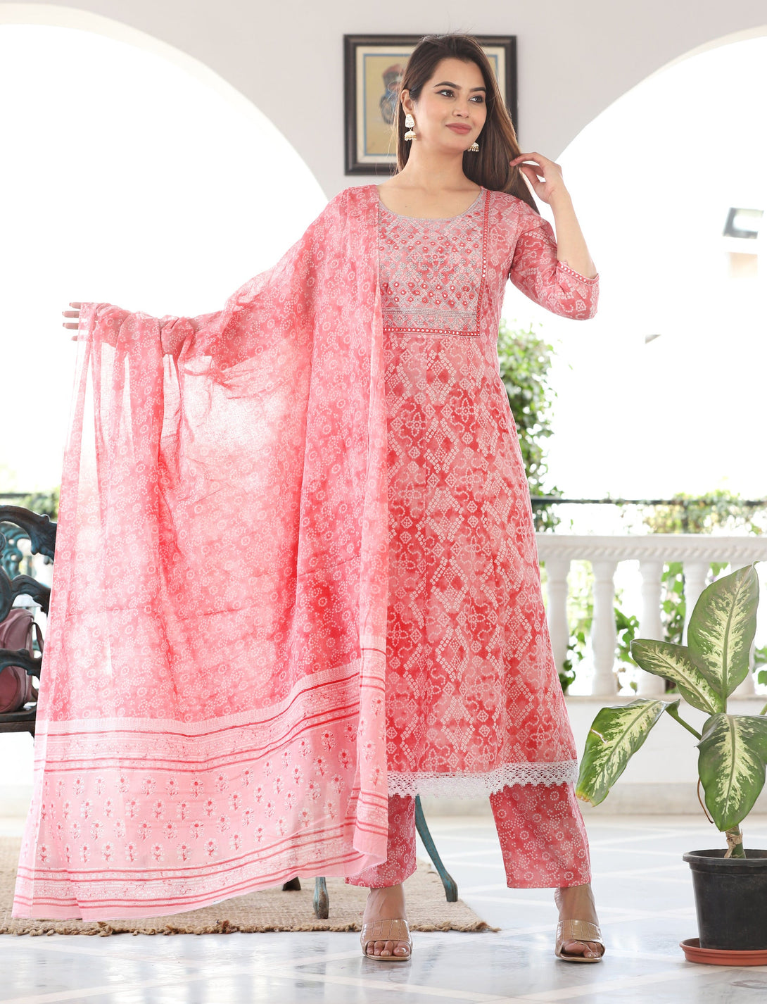 Women's Anrakali Cotton Printed Embroidered Kurta With Pant And Dupatta - Singni