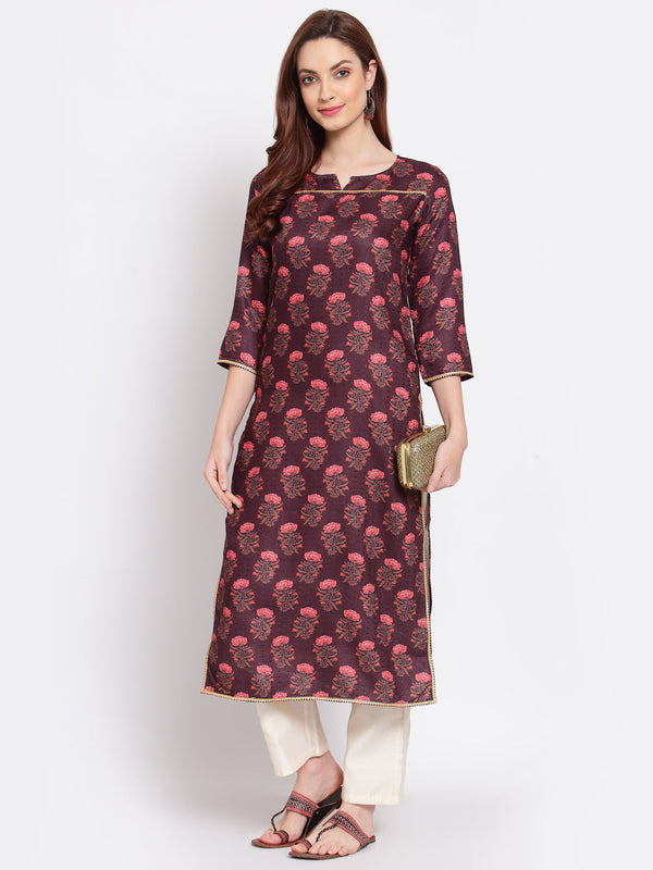 Women's Wine Printed Pashmeena 3/4 Sleeve Round Neck Casual Winter Kurta - Myshka