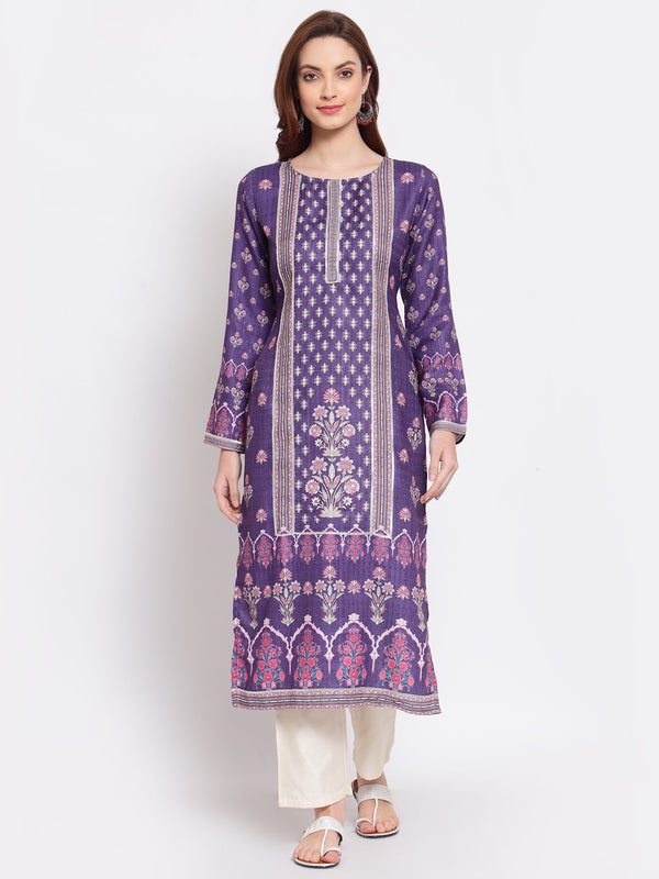 Women's Purple Printed Pashmeena Kurta by Myshka- (1pc set)