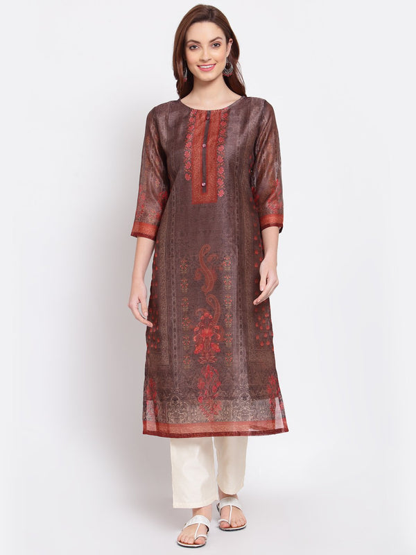 Women's Multi Printed Chanderi Silk 3/4 Sleeve Round Neck Casual Kurta - Myshka