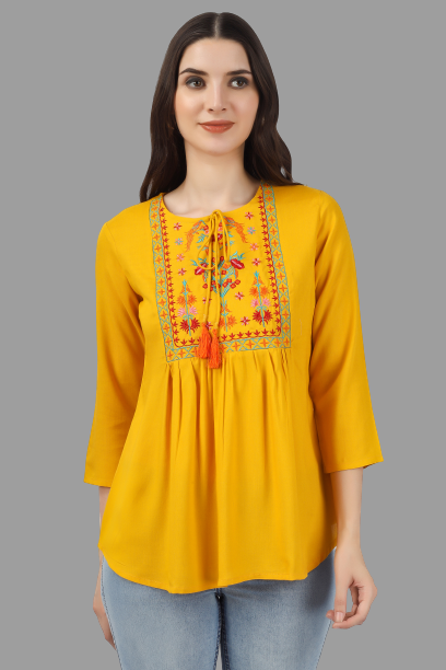 Women's Yellow Rayon Embroidered Flared Tunic - House Of Rp