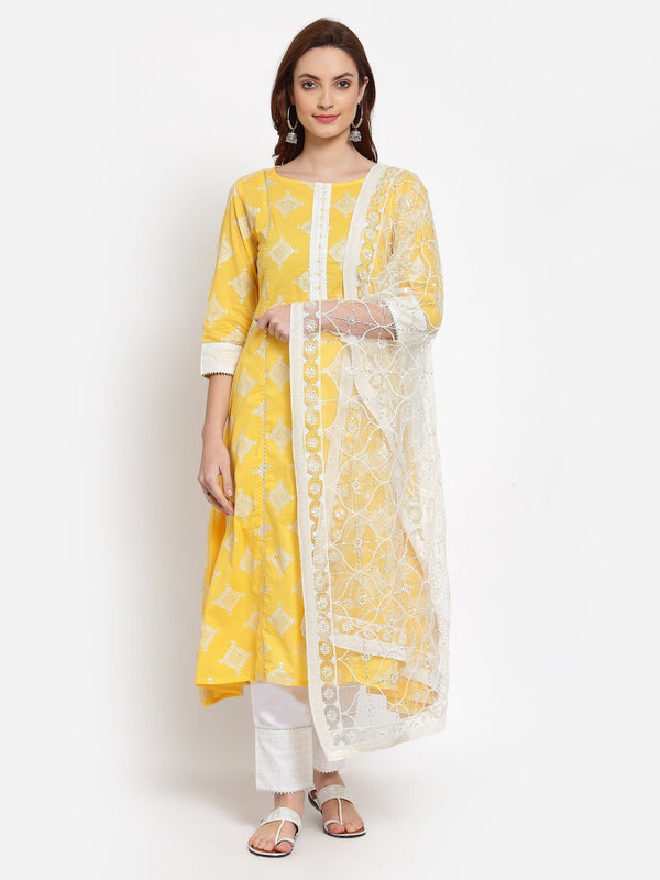 Women's Yellow Printed Cotton 3/4 Sleeve Round Neck Casual Kurta Pant Dupatta Set - Myshka