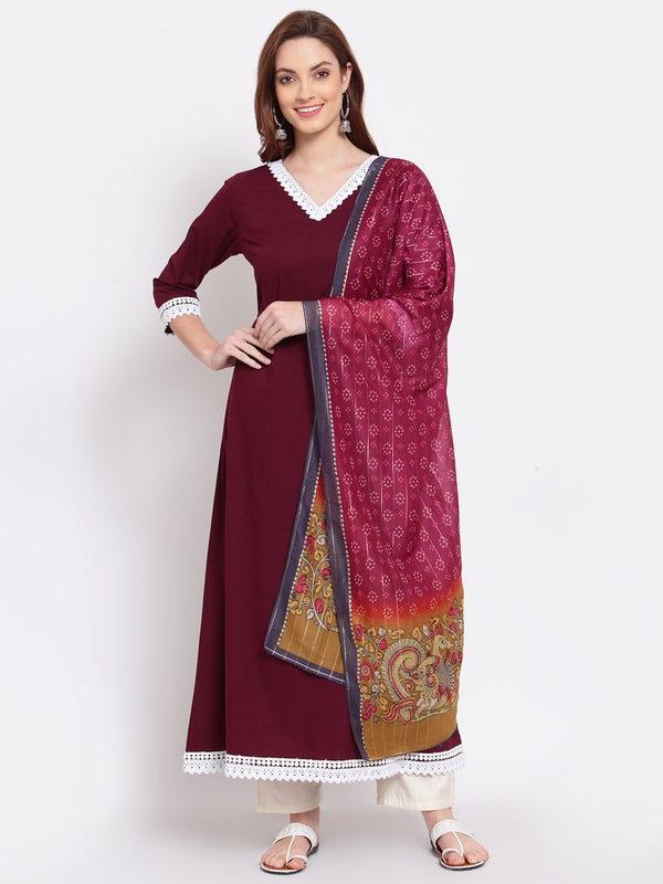 Women's Burgandy Printed Cotton Full Sleeve V Neck Casual Kurta Dupatta Set - Myshka