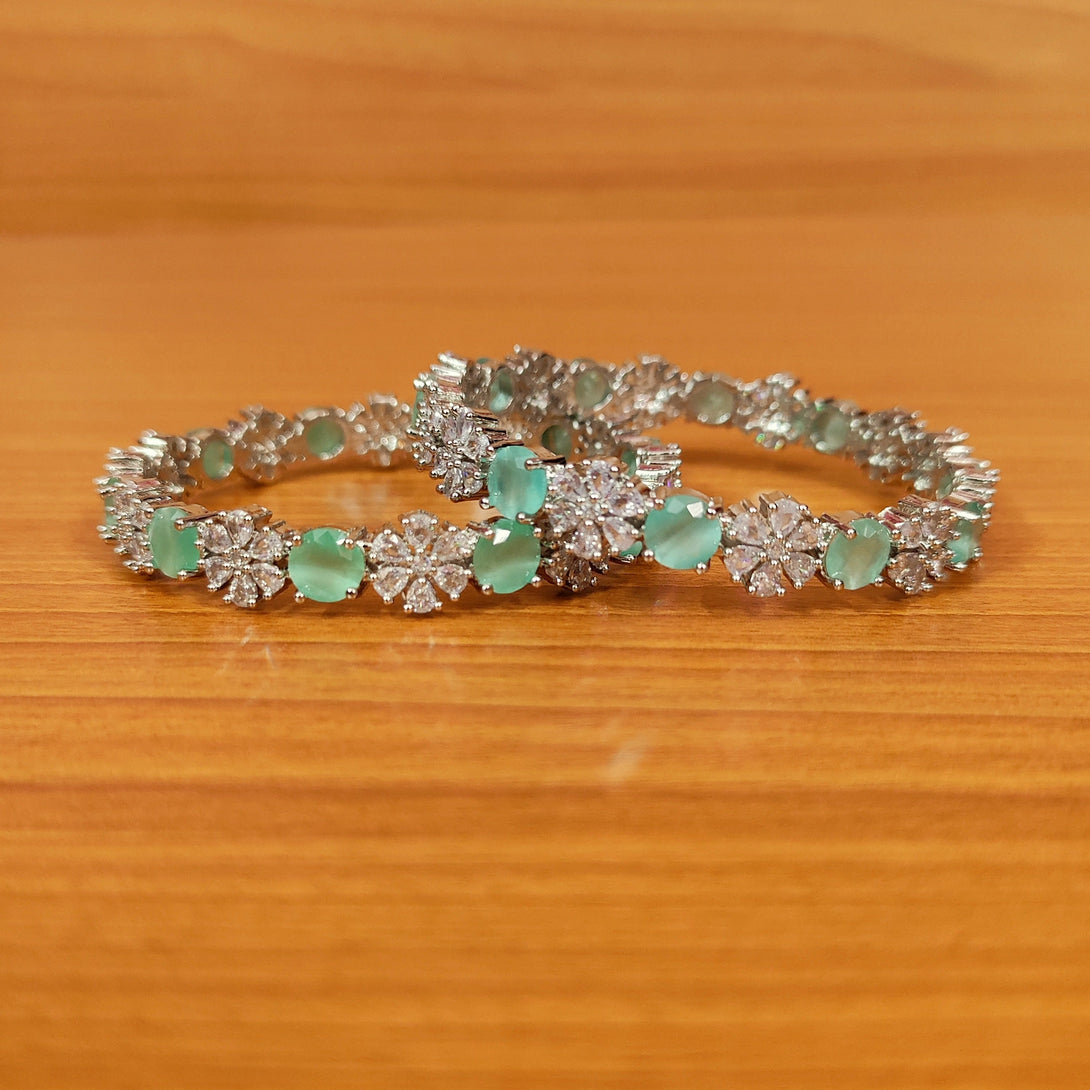 Women's Silver Plated Cz Studded Mint Green Bangles - Sanvi Jewels