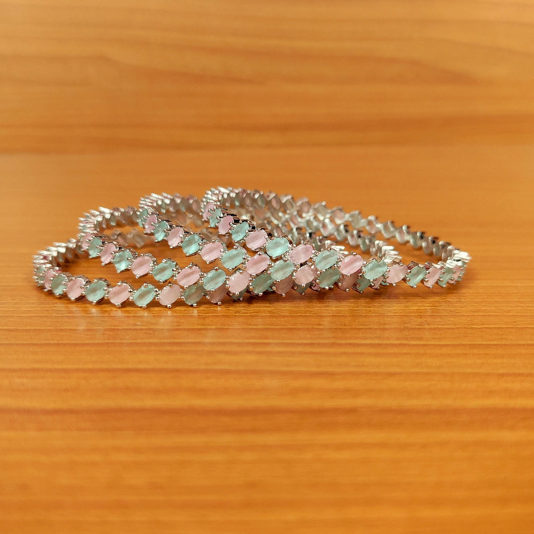 Women's Pink & Mint Colour Stone Silver Plated Bangles - Sanvi Jewels