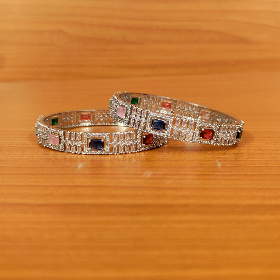 Women's Multicolour Cz Studded Silver Plated Bangles - Sanvi Jewels