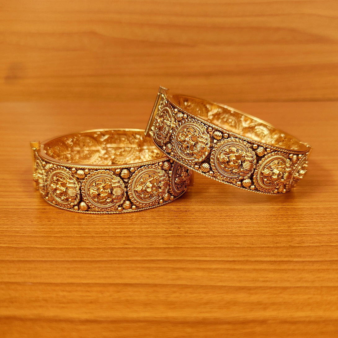 Women's Temple Look Antique Gold Plated Openable Bangles - Sanvi Jewels