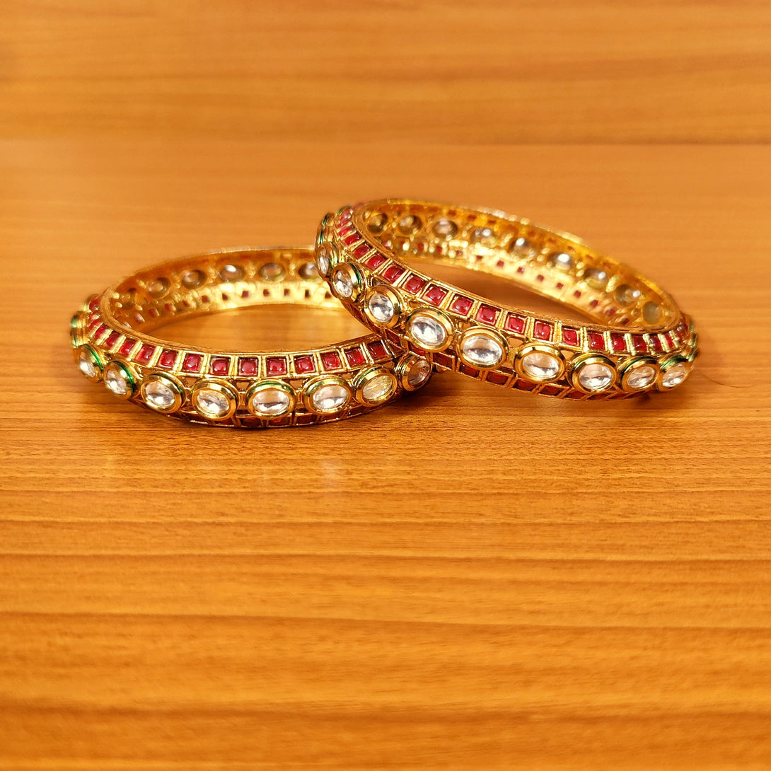 Women's Red Kundan Meenakari Oval Shaped Single Line Bangles - Sanvi Jewels