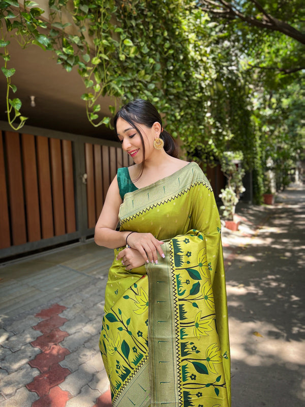 Women's Avocado Green Titli Royal Paithani Silk Zari Woven Saree - TASARIKA